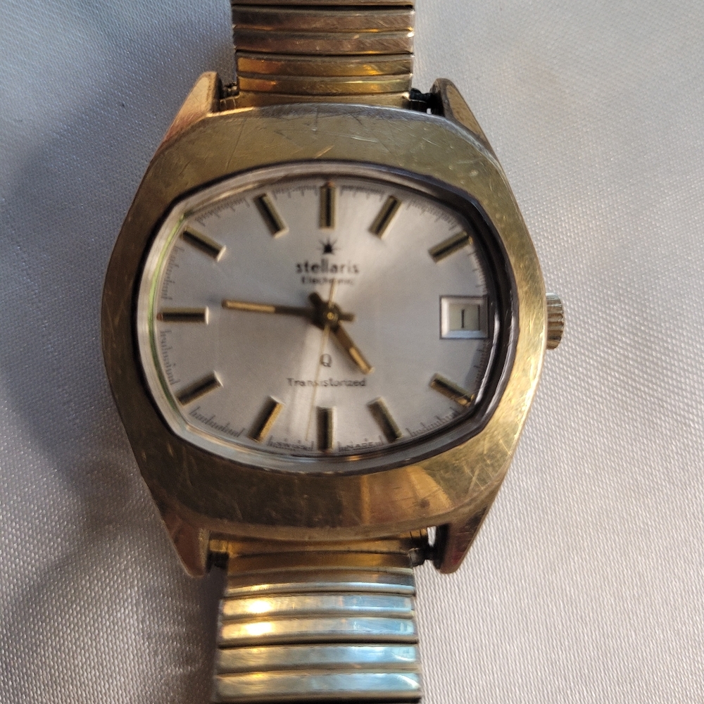 Stellaris Swiss Electronic Transistorized Men's Watch 7 Jewels Gold Tone Vintage